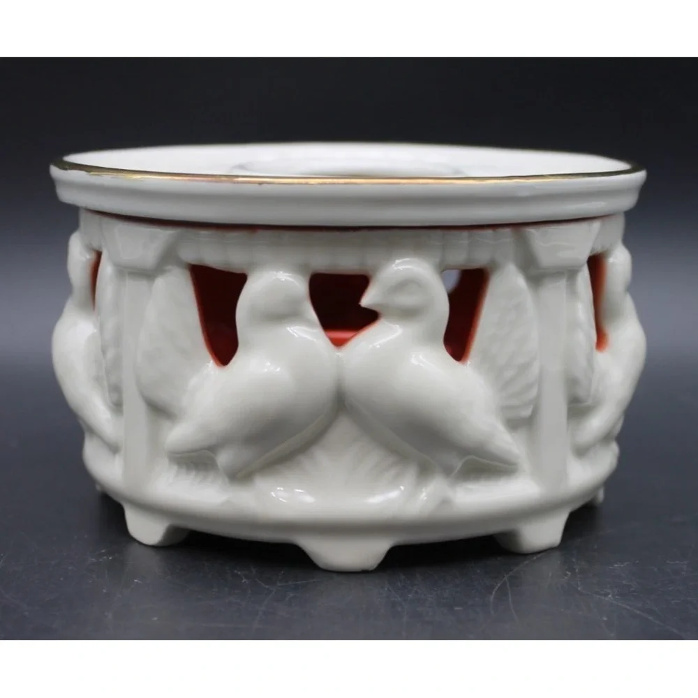 Gerold Porzellan Bavaria Bisque Doves Tealight Candle Holder White Red Gold Trim